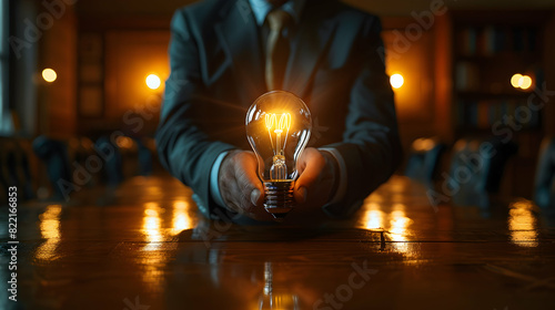 Visionary Leadership: CEO holding a light bulb in boardroom, symbolizing strategic implementation for company growth. Photo realistic concept.