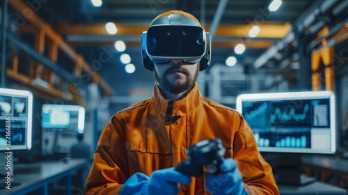 In the background, manufacturing plants and monitors are visible in the background. A portrait shot of the Industrial Engineer wearing a virtual reality headset and using control devices, ready to