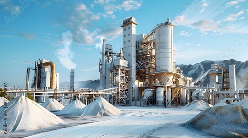 A large cement factory with an outdoor scene of the production line and various equipment, surrounded by white sand piles in front of it. 