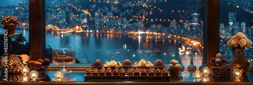 Assorted desserts displayed on a table with a stunning night view of a city