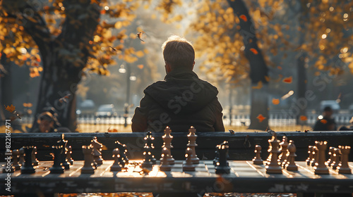 Photo realistic concept of a man playing chess in a park, showcasing strategic thinking and mental engagement in this classic hobby