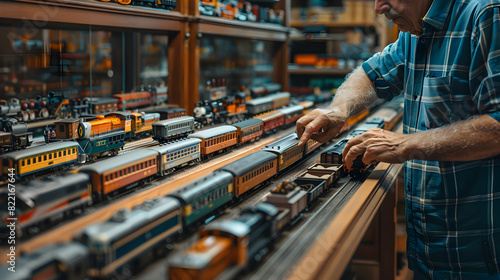 Photo realistic concept of a man meticulously arranging his collection of model trains, showcasing the detail and dedication in this intricate hobby
