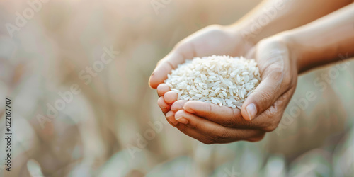 Hands Holding White Rice Grains. Close-up of hands gently holding a pile of white rice grains, symbolizing abundance and care.