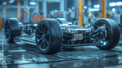 An Authentic Electric Car Platform Chassis is captured in a shot. The electric car platform chassis includes wheels, an engine and brakes. In a state-of-the-art automotive design facility, the focus