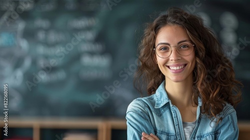 Smiling teacher welcoming students back to school, with a classroom background