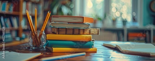 Stack of textbooks, notebooks, and pencils on a desk, highlighting the back to school preparation