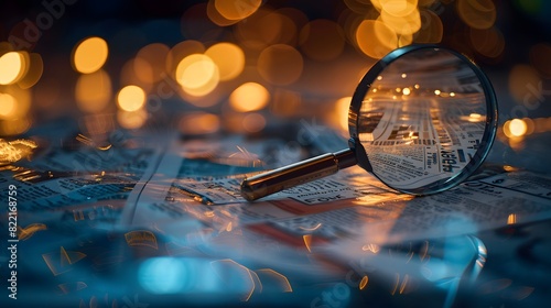 A magnifying glass over newspaper clippings and graphs, representing the idea of enhanced search technology for news content. 