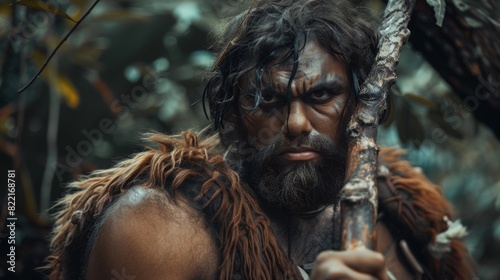 An ancient caveman depicted wearing animal skin and holding a stone-tipped hammer. Prehistoric Neanderthal hunting in the jungle with a primitive hunting method.