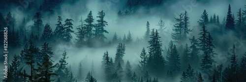 Long exposure of swirling fog among fir trees, with a subdued retro color scheme.