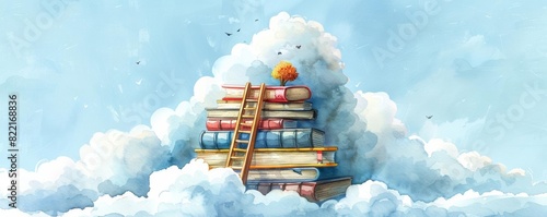 Surreal book stack with a ladder leading into the cloudy sky, highlighting the concept of academic growth and exploration