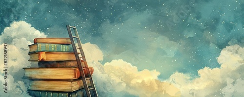 Surreal book stack with a ladder leading into the cloudy sky, highlighting the concept of academic growth and exploration