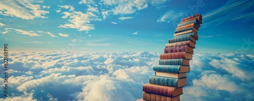 Surreal stack of books with a ladder leading to the sky, set against a cloud background, symbolizing limitless learning