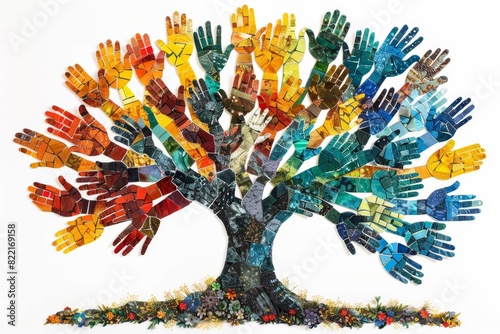 Tree artwork with branches made from a colorful mosaic of different hands, representing inclusiveness and solidarity