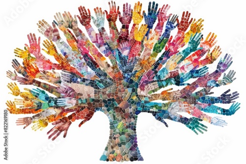 Tree artwork with branches made from a colorful mosaic of different hands, representing inclusiveness and solidarity