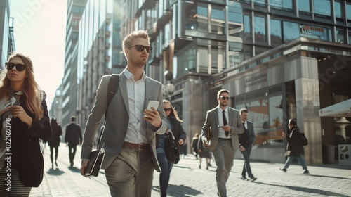A bustling downtown scene with a busy morning commute for office managers and business people on foot. It's a sunny day, and people are smartly dressed. Smartphones are held by successful people.