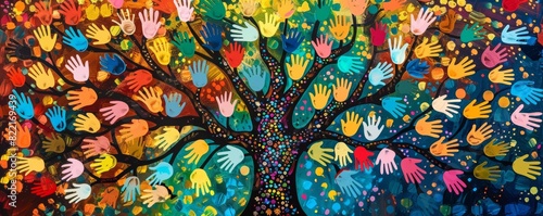 Tree illustration with branches made from a vibrant mosaic of different colored hands, representing community and connection
