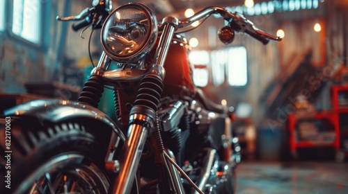 This Close Up shows the chromed motorcycle headlight, handle bars, and shock absorbers with springs attached to a custom Bobber Motorbike standing in an Authentic Creative Workshop.