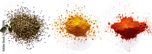 Set dried oregano leaves, red paprika powder and turmeric scattered powder pile isolated on white, top view