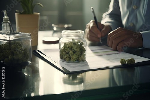 Man signing document in office, cannabis jars on table, indoor plant, pen and paper, concept of medical marijuana, healthcare and legality.