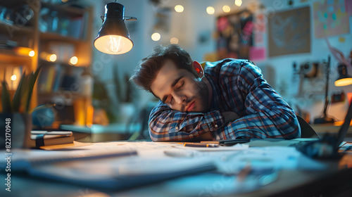 Photo realistic concept of a designer napping on a sketchpad in a creative studio, showcasing dedication to craft and long hours Stock Photo