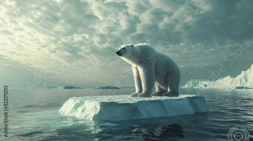 Polar bear stranded on a shrinking ice cap, symbolizing climate change.
