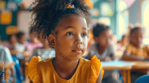 Brilliant Black Girl Concentrating on Teacher in Elementary School. Young Children Work Diligently in Junior Classroom Learning New Stuff.