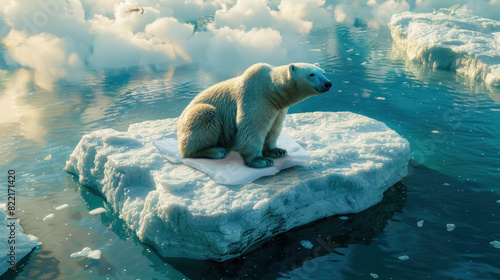 Polar bear stranded on a shrinking ice cap, symbolizing climate change.