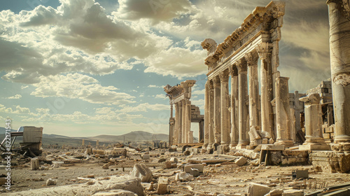 Remains of a once-majestic cultural monument, now heavily damaged and scarred by conflict, symbolizing the tragic impact of war on history.