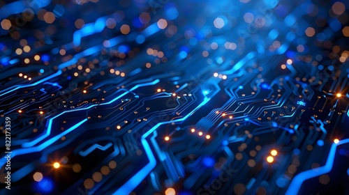 Blue circuit board background with glowing digital elements, in the style of AI technology concept. 