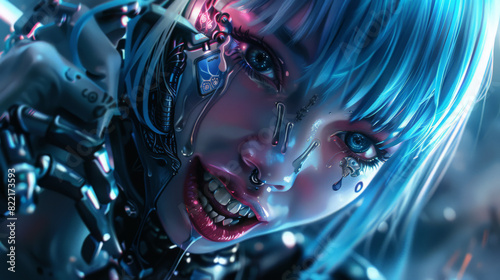 a high - quality depiction of anime cyborg girl, evolved into a Monster, half human half monster, anime nightcore style, crazy psycho laughing, photorealistic