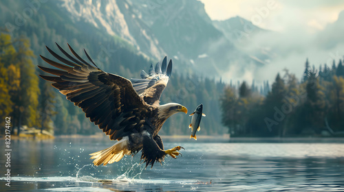 Eagle Hunting: Majestic Predator Diving for Fish in a Stunning Display of Precision and Skill Photo Realistic Concept