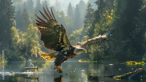 Eagle Hunting: Majestic Bird Diving for Fish with Astonishing Precision and Skill Stunning Photo Realistic Concept of An Eagle Swooping Down from the Sky to Catch Fish in a Lake
