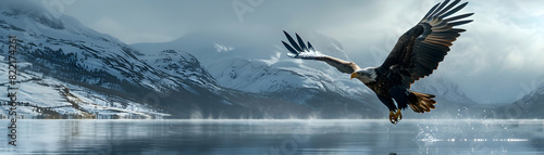 Eagle Precision: Majestic Bird Diving for Fish in Stunning Photorealistic Image, Showcasing Hunting Skills and Grace in Nature s Habitat