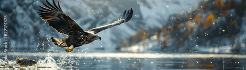 Eagle Diving for Fish: Majestic Bird of Prey Showcasing Precision and Hunting Skills in Lake Photo Realistic Concept