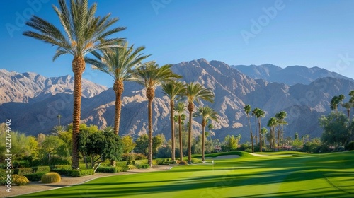 Palm trees with mountain range background in La Quinta, California in the Coachella Valley,