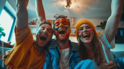 A joyful throng of sports fans sit on a couch on a sunny day to watch a game on TV. They cheer and shout as their sports team wins the championship. A closeup of their faces.