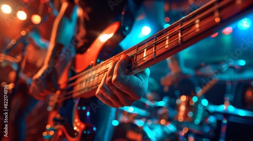Concert in a Night Club. Musician Plays Five String Bass Guitar. Live Music Party at a Night Club with Bright Colorful Strobing Lights.
