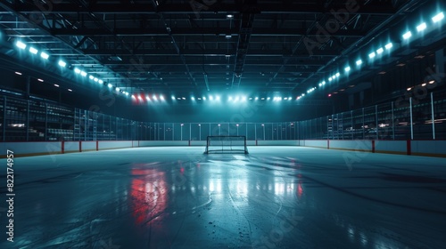 A high quality venue is ready to accommodate thousands of fans, ready for the championship to begin. An Emty Hockey goal is shown on a professional ice hockey rink arena with the lights on.