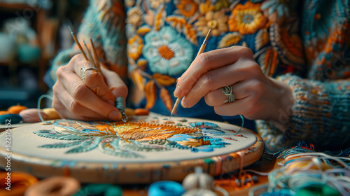 Creative Precision: Woman Embroidering at Desk Photo Realistic Concept Capturing the Artistry, Detail, and Satisfaction of Intricate Embroidery Craft