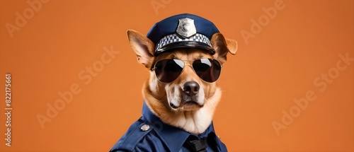 Portrait of a stylish dog in a police shirt, cap, and black sunglasses, isolated on an orange background with copy space