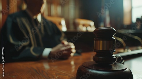 Animated Court of Law and Justice Trial: Male Judge discussing plea, conviction, or innocence verdict after hearing arguments. Focused on Gavel. Blurred Shot.