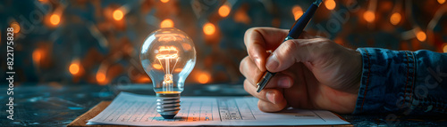 Photo realistic concept of employee with light bulb and checklist, showcasing organization and implementation of new ideas for work in Photo Stock