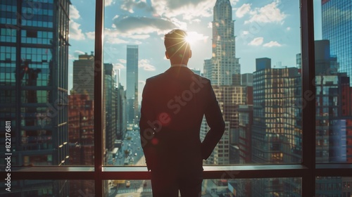Young businessman sitting in his modern office looking out of the window at a big city with skyscrapers. Successful finance manager planning project strategies.