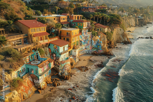 An aerial view of an artistic seaside enclave with colorful murals adorning the buildings. The cityscape is framed by rocky cliffs and crashing waves, with local art galleries and cafes adding to the 