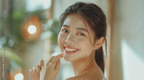 Stunning Asian Woman Touches Her Perfect Soft Shoulders, Neck, Senselessly Smiles in the Mirror. Happy Female Enjoying Her Beauty. Wellness Natural Cosmetic Skincare Products.