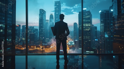 A confident businessman with a suit standing in front of a computer, gazing at a big city with skyscrapers. Successful finance manager planning work projects.