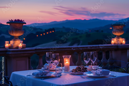 An elegant dinner on a historic castle terrace, with views of rolling hills and candlelight casting a warm glow, featuring a refined French cuisine experience with escargot and crème brûlée