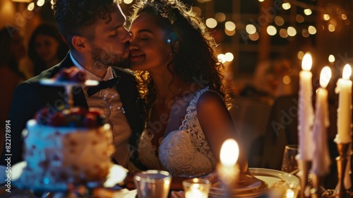 In a beautiful wedding reception party, a bride and groom stand at a dinner table kissing and cutting wedding cake with their multiethnic friends.