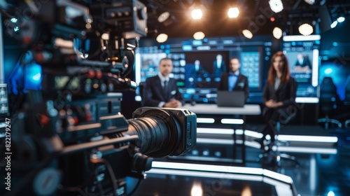 A TV news program with two anchors reporting live events, discussing business, economy, science, entertainment. A TV cable channel with a variety of anchors in the newsroom.