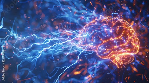 A blue background with electrical activity, flashes, and lightning depicts the human brain.
